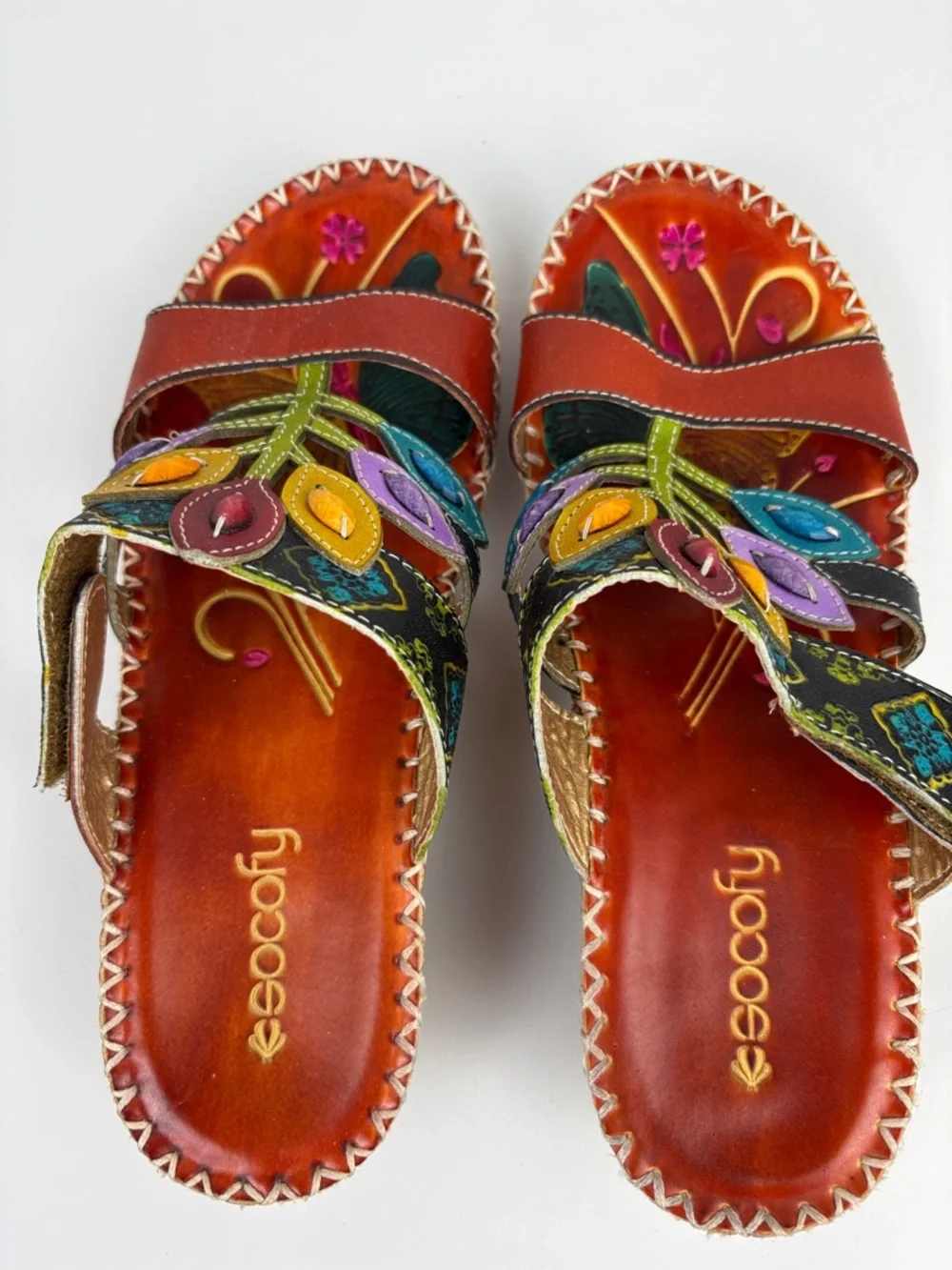 Socofy Colorful Sandals Women’s EU 39/US 8.5 Leather Leaf Cutout Style Slip On
